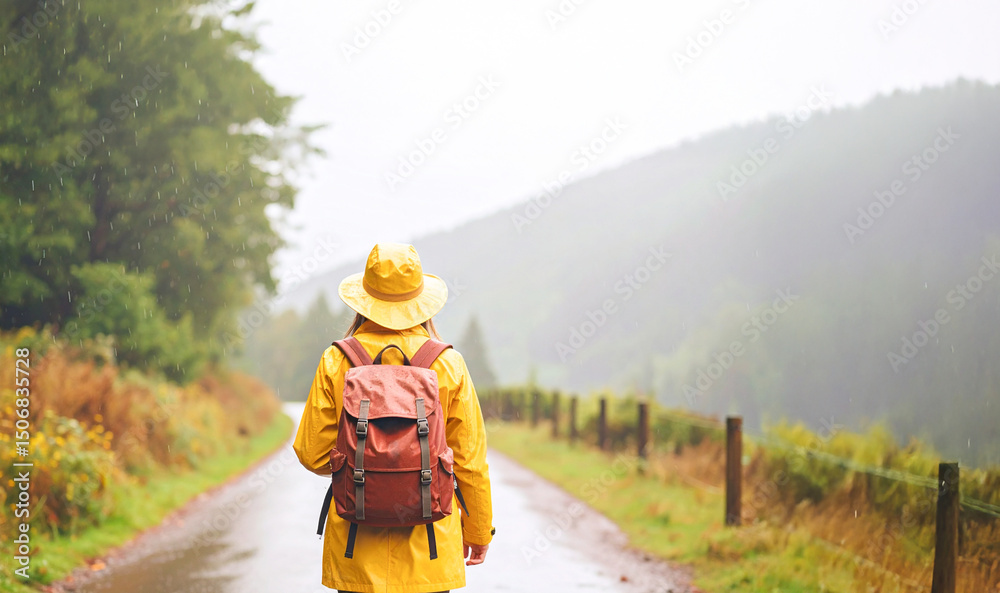 Obraz premium back of a woman with a yellow rain jacket with rain hat walking on a path