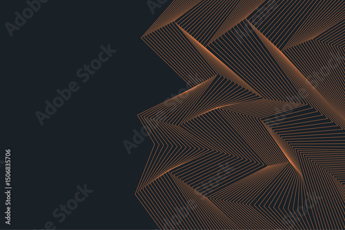 Artistic linear ornament made of polygonal forms and fine orange lines on a black canvas