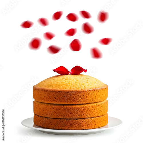  Front view of a classic butter cake unfrosted with red rose petals gently falling on a pure white background