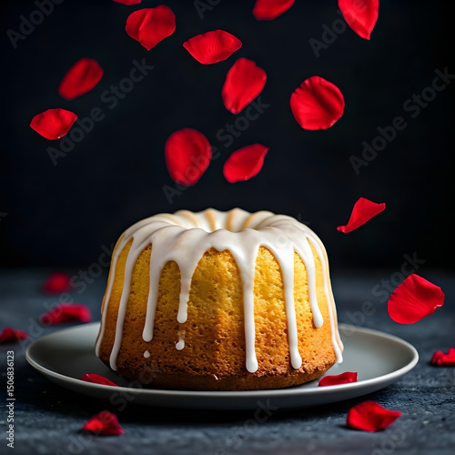  Front view of a lemon drizzle cake with a subtle glaze, red petals falling like confetti behind.