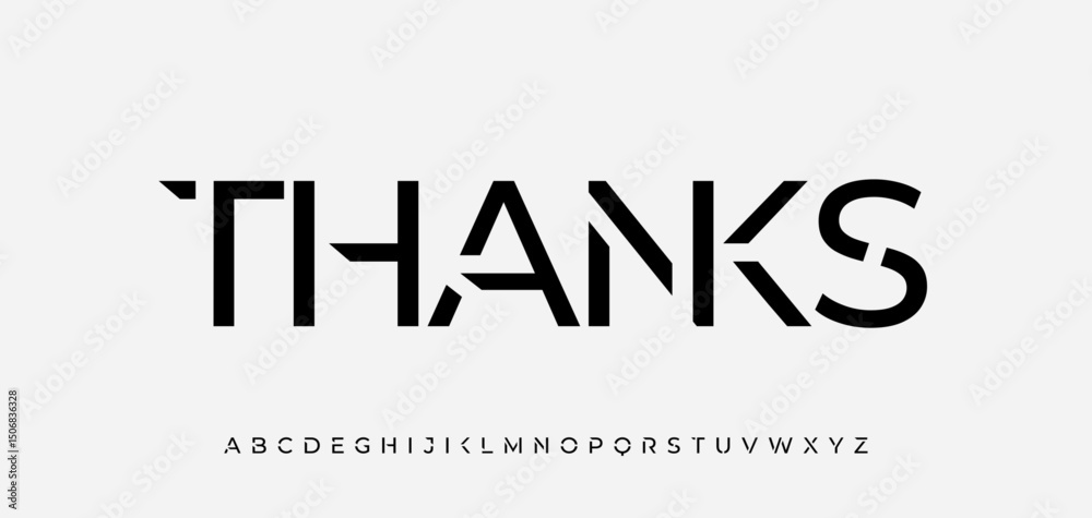 Futuristic geometric font spelling thanks in scifi minimal style. Bold abstract lettering with sharp techno forms. Perfect for cyberpunk posters, tech branding, digital art, logo. Vector illustration