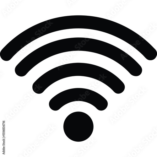 Black Wireless Internet Symbol Rounded Arcs Emanating From Circle, White Background Design