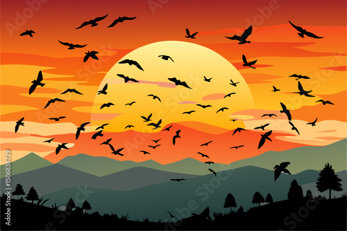 Sunset Birds Silhouette Mountain Serenity Graphic