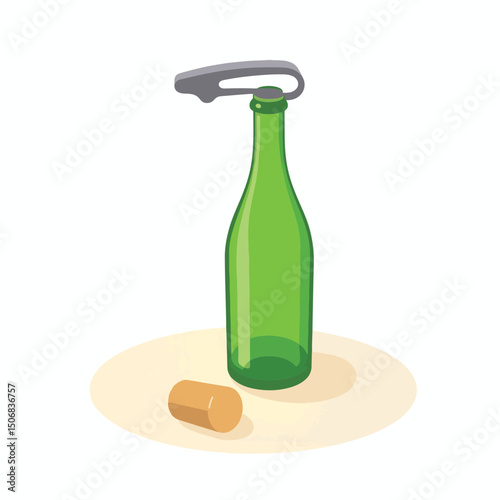 Wine bottle with cork and opener on white background, minimalist design