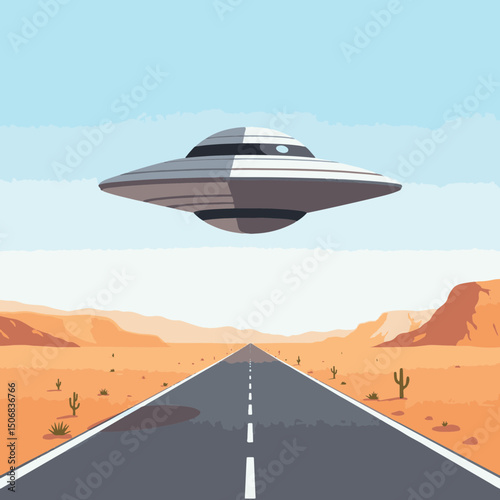 Futuristic flying saucer hovering over desert road, alien exploration