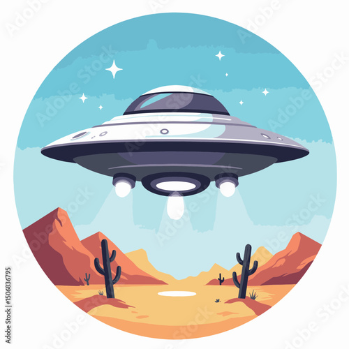 Classic UFO hovering over cartoon desert landscape, extraterrestrial theme