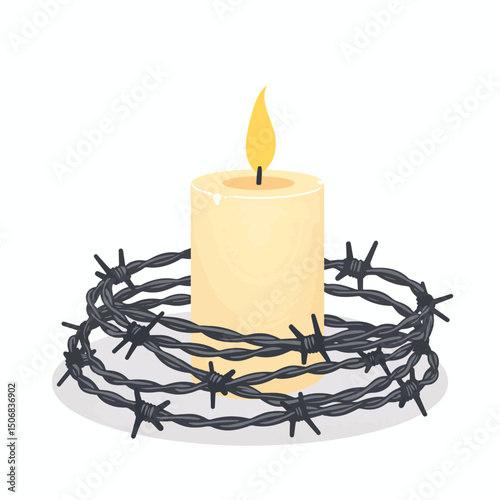 Candle flickering amidst barbed wire, symbol of hope and adversity