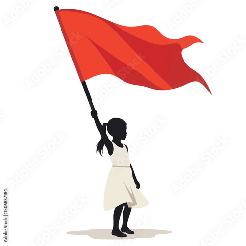Young girl proudly holding a vibrant red flag, symbolic expression