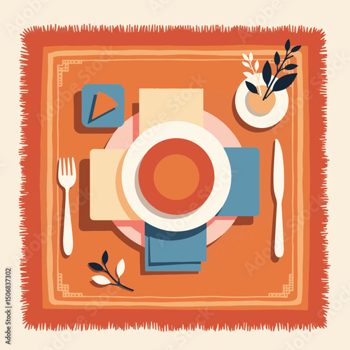 Colorful geometric dinner setup on plush carpet, family warmth