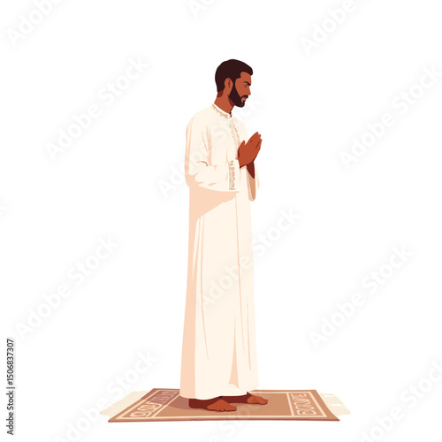 Man praying in traditional thobe on prayer mat, spiritual reflection
