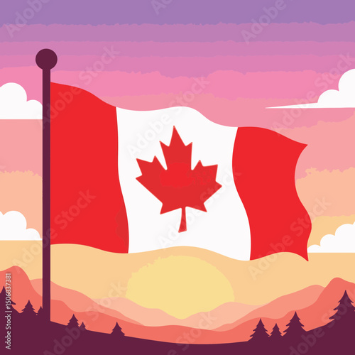 Stylized Canadian flag waving at sunset, national pride and unity
