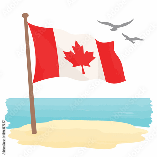 Canadian flag fluttering on beach with ocean view, national pride