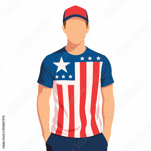 Man in USA-themed shirt wearing baseball cap, patriotic simplicity