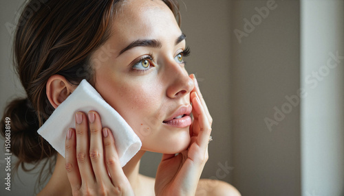Woman holding cold compress on her face while looking thoughtfully indoors  
