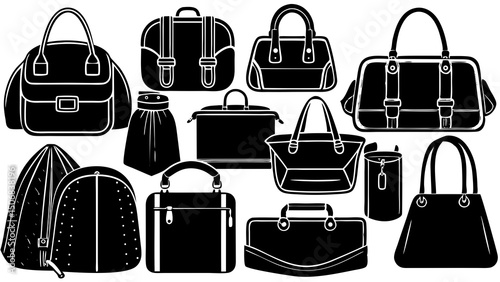 Collection of Stylish Handbags and Travel Bags Including Tote Bags, Purses, Satchels, Clutches, Crossbody Bags, and Briefcases in Various Modern and Functional Designs