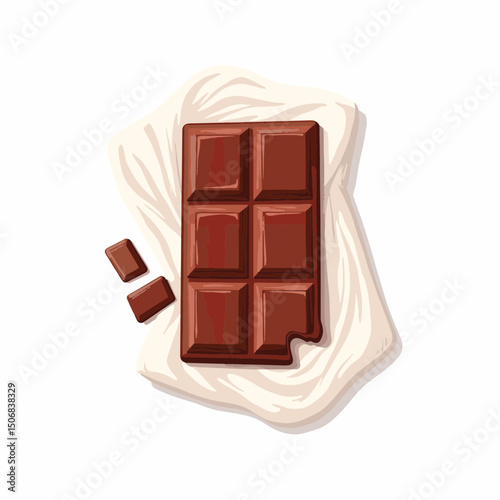 Delicious chocolate bar resting on crisp white bed sheets, indulgence