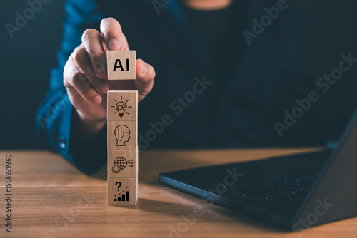 A businessman stacking wooden blocks with AI and technology icons, representing artificial intelligence, innovation, data analysis, and future growth in digital business.