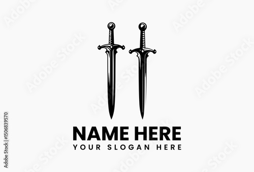 Stylized black tribal sword design with sharp blade and intricate hilt on white background. Weaponry and Tribal Art Concept