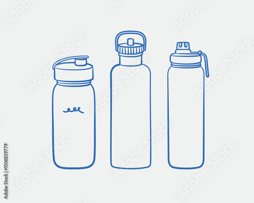 Hand-drawn water bottles. Line art, ink, minimalist style. Vector illustration. Sport collection.