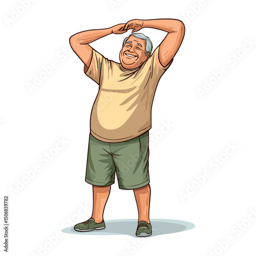 happy senior man doing stretching exercise isolated vector illustration
