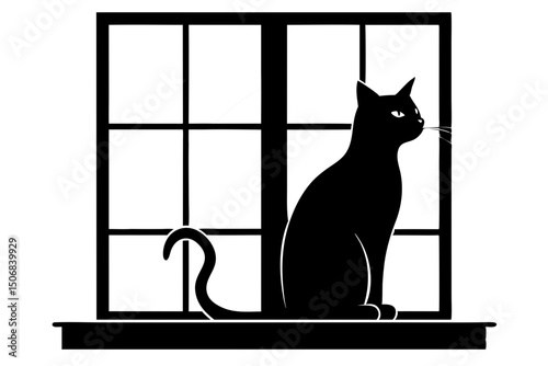 Black Cat Sitting by the Window Silhouette
