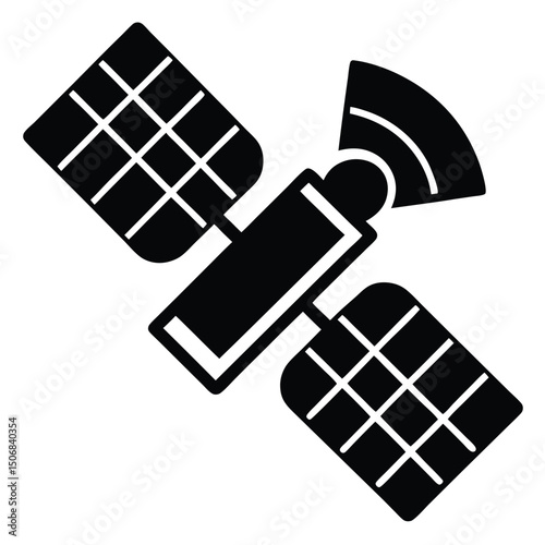 Satellite Icon Two Solar Panels with Signal Antenna, Black Silhouette Design