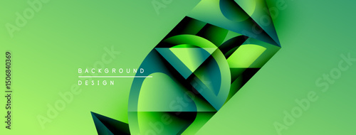 Abstract green design features layered geometric shapes. Gradient colors create depth, modern aesthetic. Minimal text present.