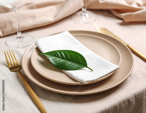 A solitary green leaf resting on a matte beige plate placed on a linen napkin.