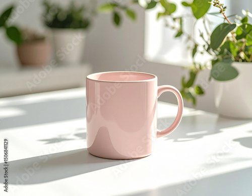 A single pastel pink ceramic mug on a matte white tabletop with soft sunlight.