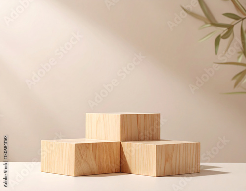 Three small geometric wooden blocks stacked asymmetrically with a soft beige background.