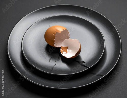 A single cracked egg resting on a sleek gray plate with a satin finish.