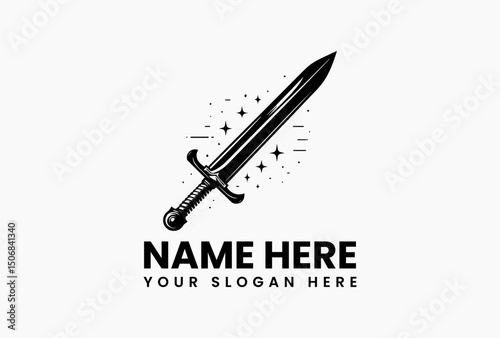 Stylized black tribal sword design with sharp blade and intricate hilt on white background. Weaponry and Tribal Art Concept