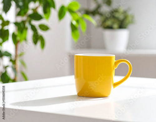 A single vibrant yellow mug sits on a clean white table, adding a pop of color to the simple setting.