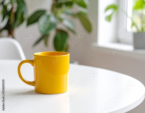 A single vibrant yellow mug sits on a clean white table, adding a pop of color to the simple setting.
