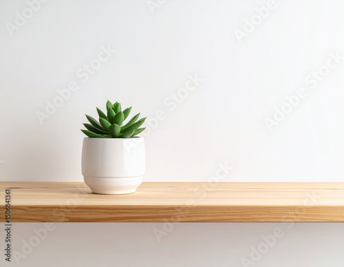A lone green succulent in a white ceramic pot rests on a wooden shelf, bringing natural texture to the minimal space.