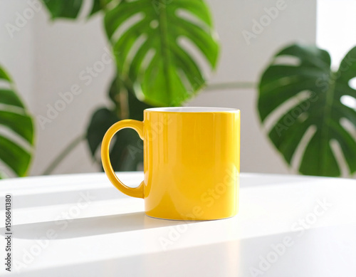 A single vibrant yellow mug sits on a clean white table, adding a pop of color to the simple setting.