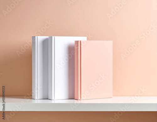 A lone stack of three differently colored books sits on a bare shelf, suggesting intellectual curiosity within simplicity.