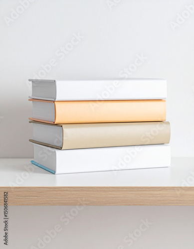 A lone stack of three differently colored books sits on a bare shelf, suggesting intellectual curiosity within simplicity.