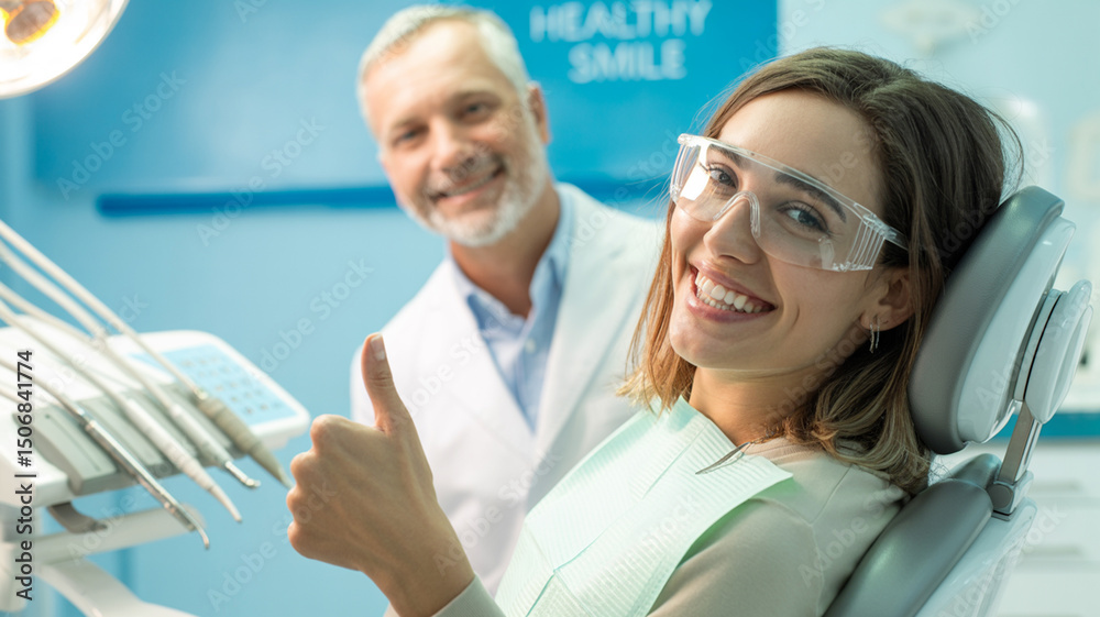 Fototapeta premium Happy Female Patient Giving Thumbs Up at Dentist Appointment