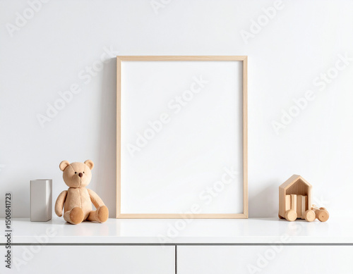 A lone wooden toy sits on a white shelf, bringing a touch of playful simplicity to the minimal decor.