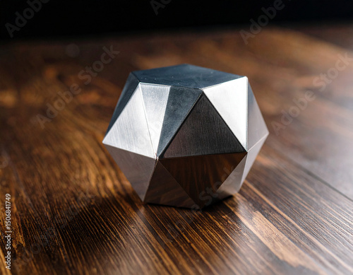A lone silver geometric object sits on a dark wooden surface, introducing a sleek and modern contrast.