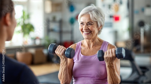 senior woman lifting light dumbbells with trainer