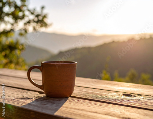 A lone textured ceramic mug sits on a bare wooden table, highlighting tactile simplicity and character.
