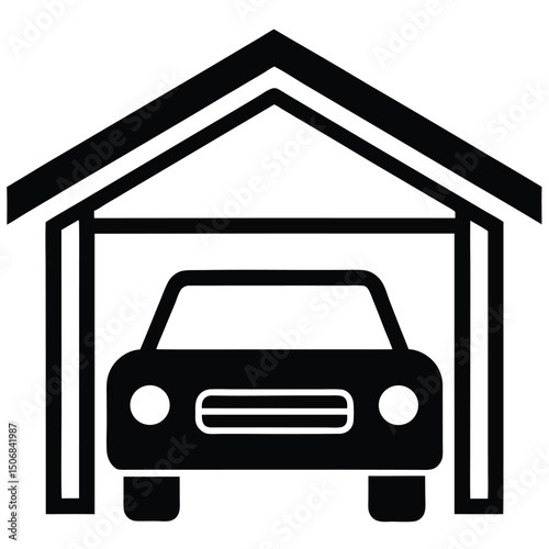 Simple Black Car Inside a Garage Structure Illustration, Automobile Icon