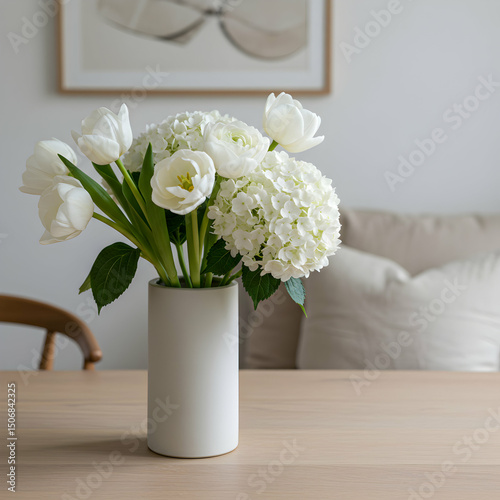 Elegant White Hydrangea and Tulip Arrangement in Minimalist Vase