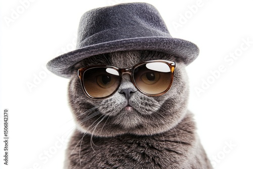 Cool cat wearing fedora hat and sunglasses isolated on white background