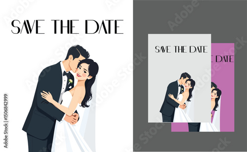  illustration marriage men and women wearing dress and suit line art illustration vector marriage for card invitation