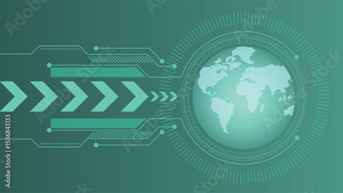 Modern tech background with glowing arrows and digital world map concept showing global movement and data