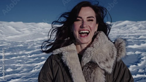 Joyful woman enjoying winter wonderland in snowy landscape with windblown hair