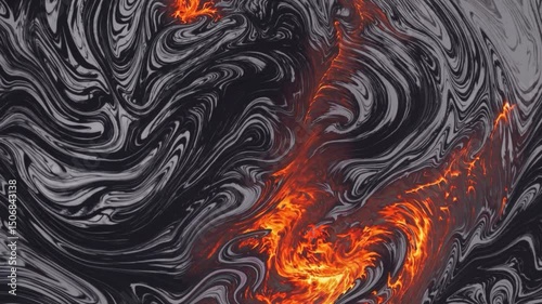 Dynamic lava flow patterns and fiery eruptions in volcanic landscape